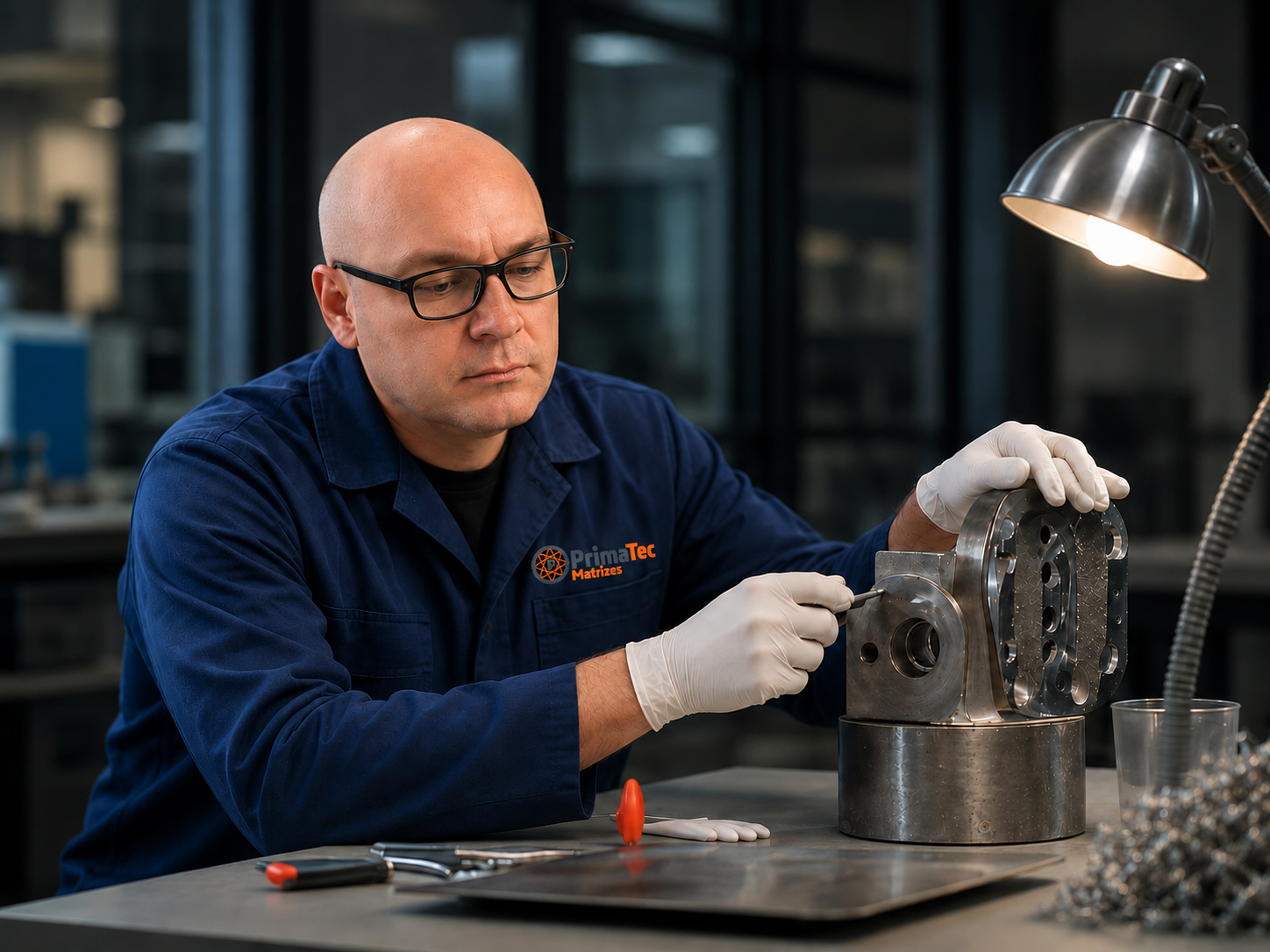 Engenheiro analisando peça metálica